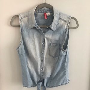 Sleeveless Denim Shirt with Tie